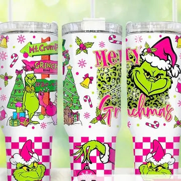 40oz Cup with Handle, Pink Grinch Christmas Tumbler