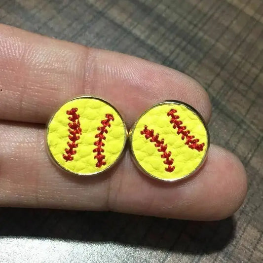 Softball Leather Embroidered Stud Earrings 14mm