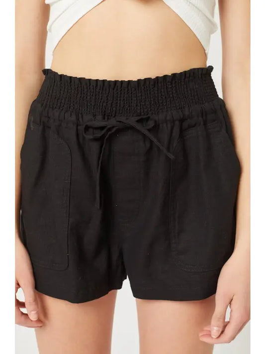 Woven Solid Smoked Waist Shorts