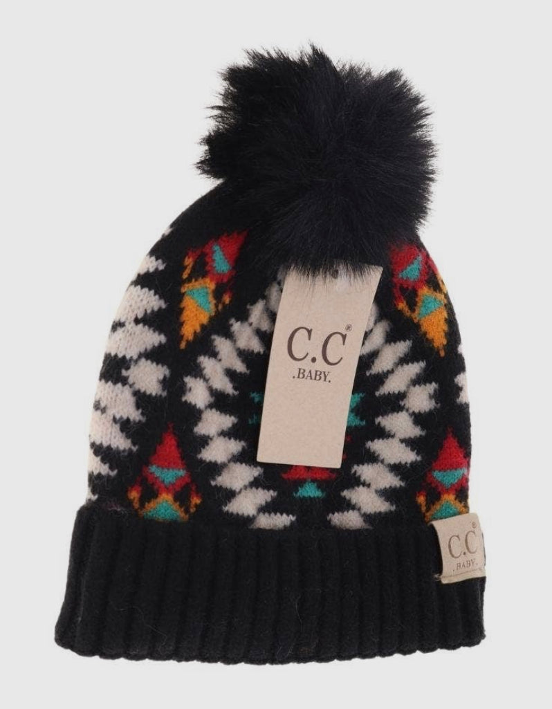 Baby Aztec Patterned Faux Fur Pom C.C Beanie