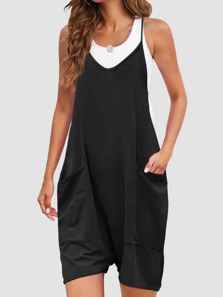 Black Big Patch Pocket Spaghetti Strap Romper