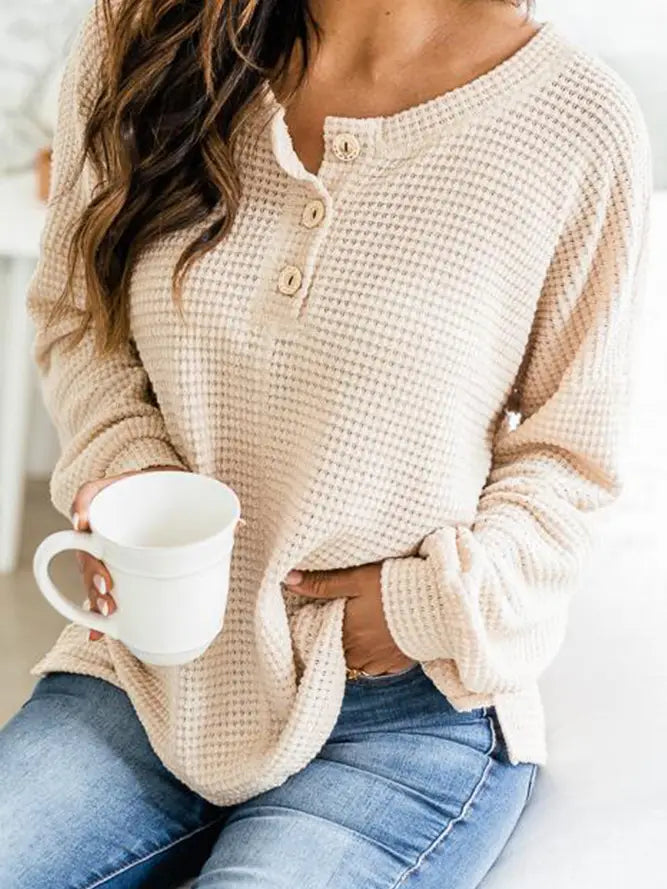 Waffle Knitted Pullover Round Neck Long sleeve Top