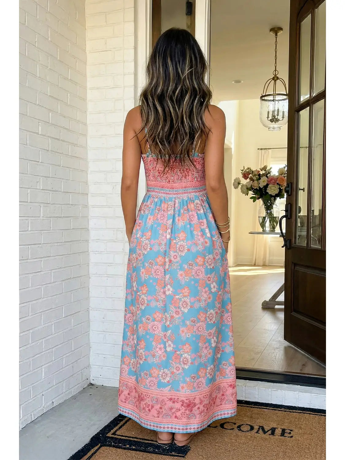 Las Ethnic Floral Spaghetti Strap Dress