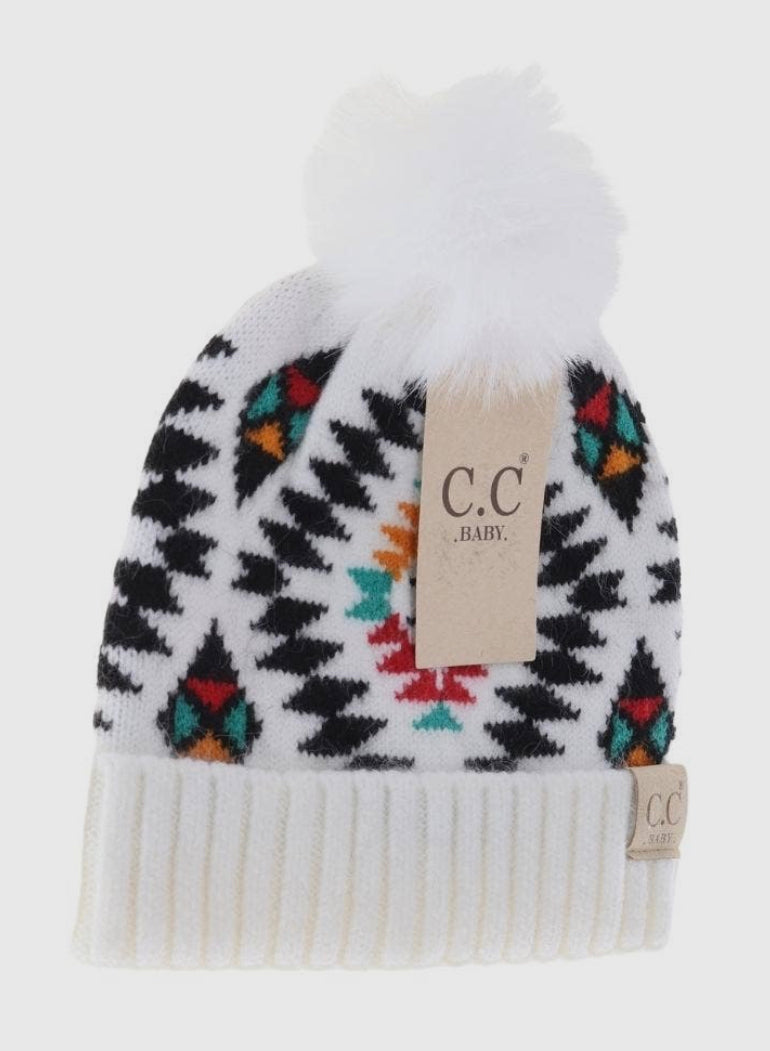 Baby Aztec Patterned Faux Fur Pom C.C Beanie