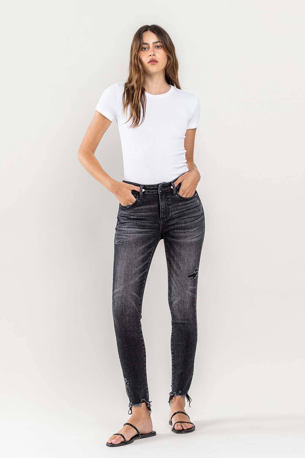 VERVET : MID RISE UNEVEN RAW HEM CROP SKINNY JEANS-WELL-MADE