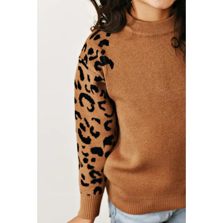 Kids Brown Leopard Print Crew Neck Fall Winter Sweater