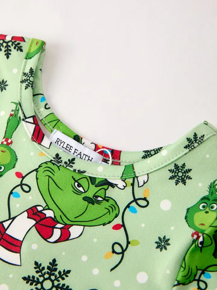 Grinch Christmas Character Print Green Girls Dress