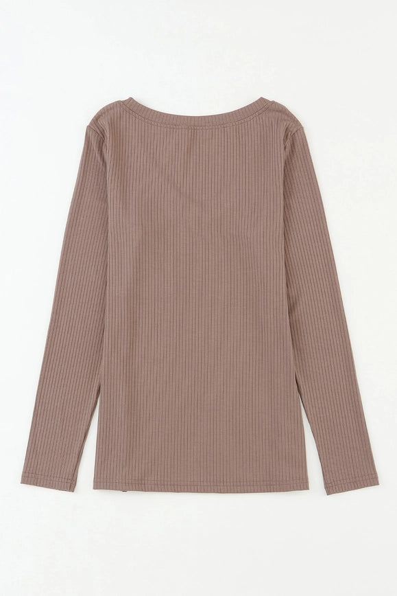 Ribbed Knit Patched Chest Pocket V Neck Top