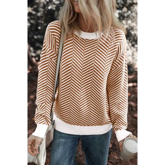 Contrast Edge Crew Neck Drop Shoulder Sweater Coffee