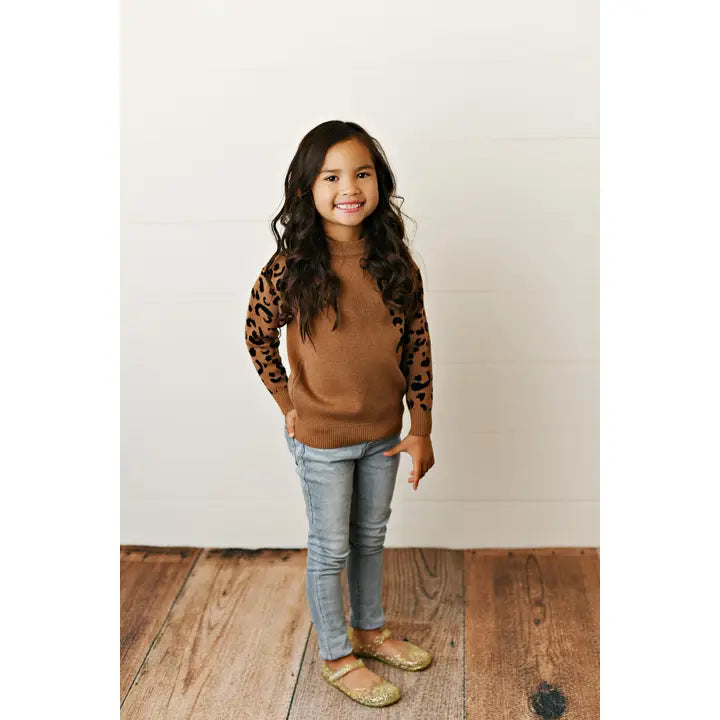 Kids Brown Leopard Print Crew Neck Fall Winter Sweater