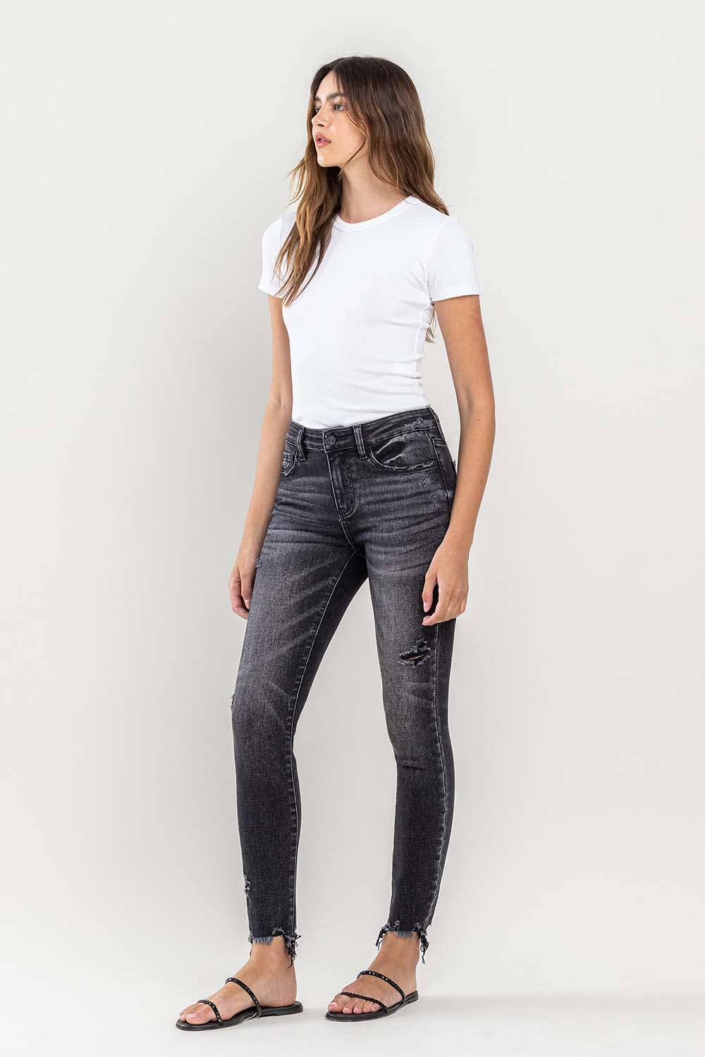 VERVET : MID RISE UNEVEN RAW HEM CROP SKINNY JEANS-WELL-MADE