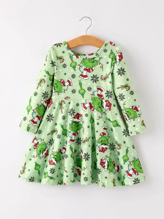 Grinch Christmas Character Print Green Girls Dress