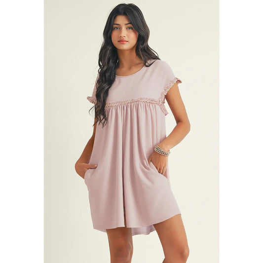 Frilled Trim Crew Neck Loose Fit Mini Dress