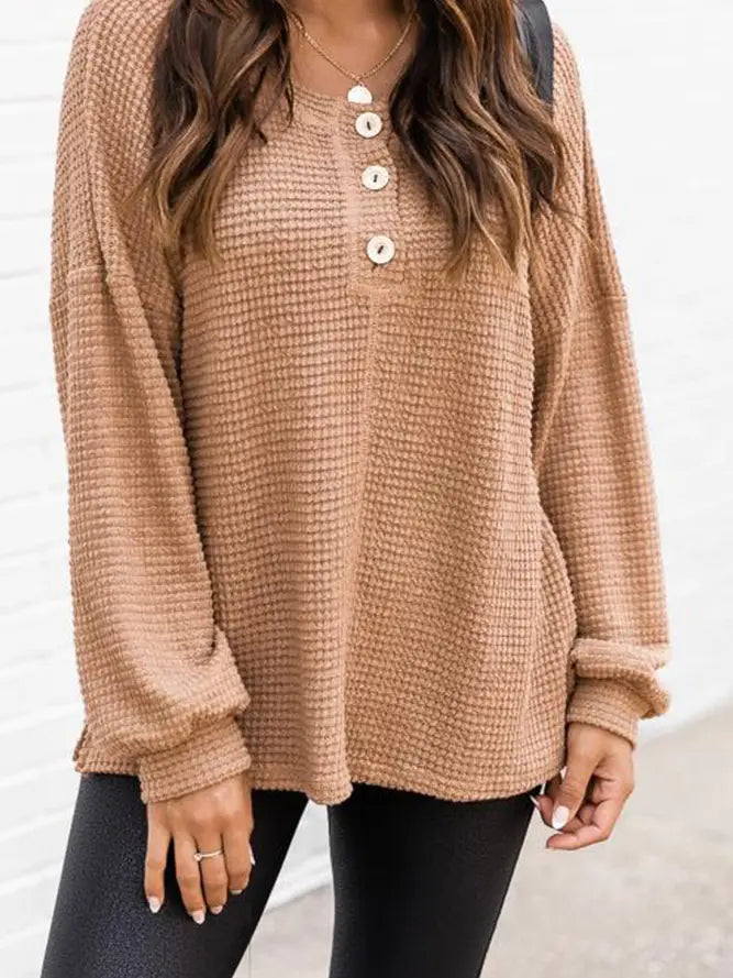 Waffle Knitted Pullover Round Neck Long sleeve Top