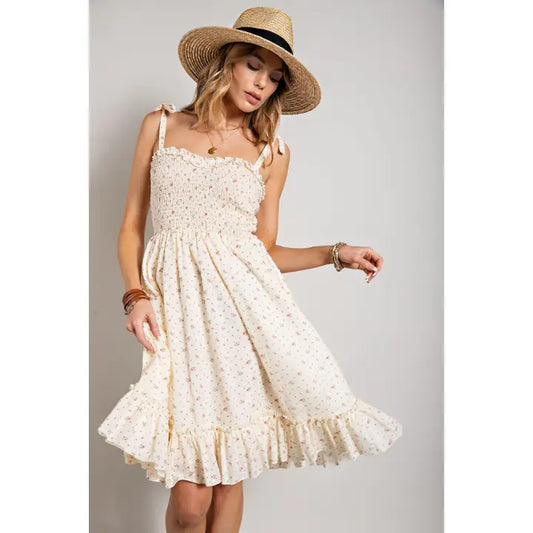 Flower Print Swiss Dot Smocking Dress