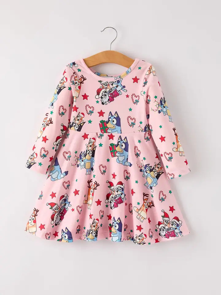 Winter Christmas Character Print Pink Girls Dress