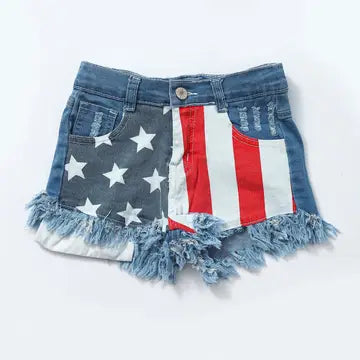 Girls Stars Stripe Patriotic Denim Shorts