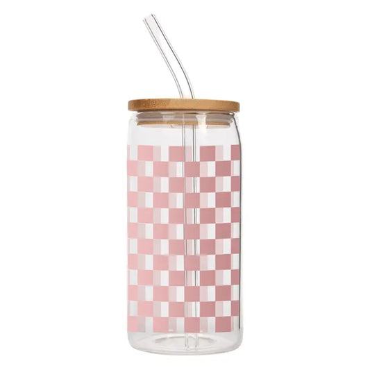 Pink Checkered 17 oz Can Glass w/ Straw and Lid - Decor