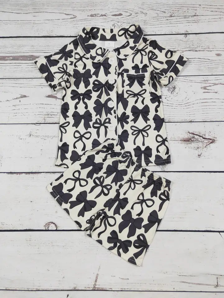 Black Bow Printed Girls Pajamas Set