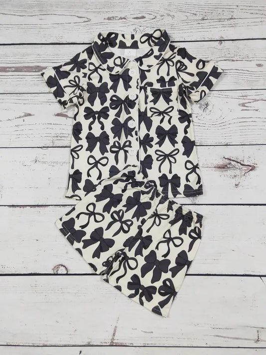 Black Bow Printed Girls Pajamas Set