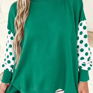 Khaki Polka Dot Patchwork Sleeve Crew Neck Loose Pullover Sweatshirt