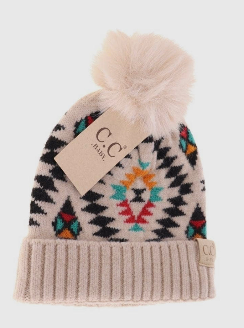 Baby Aztec Patterned Faux Fur Pom C.C Beanie