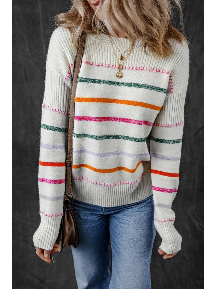 Colorful Striped Ribbed Trim Crewneck Sweater