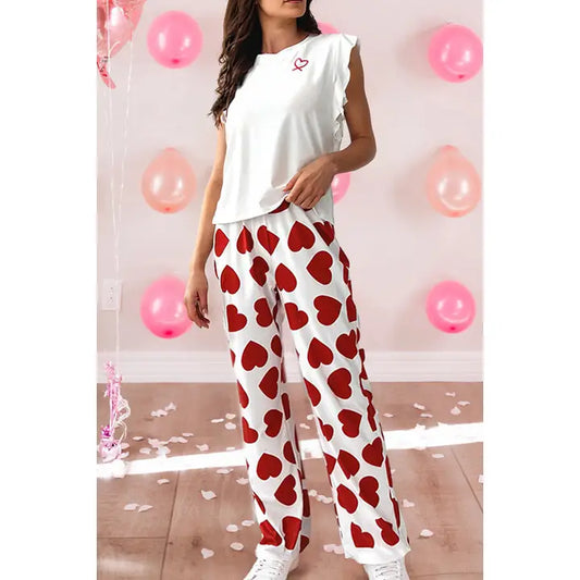 Sleeve Top Love Print Pants Two Piece Casual Pajama