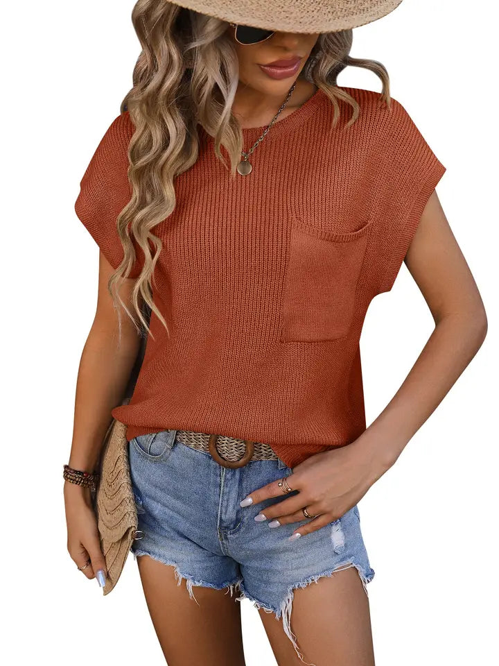 Pocket Trim Short Sleeved Sweater