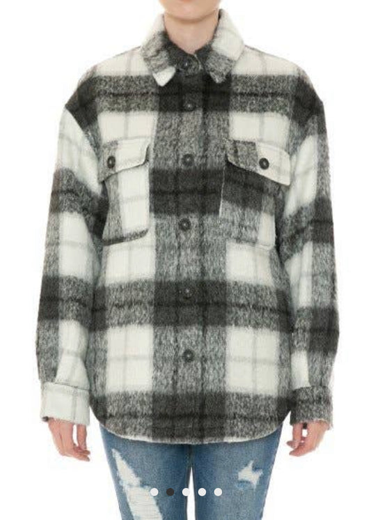 Buttoned Pocket Oversized Plaid Faux Fur Shacket