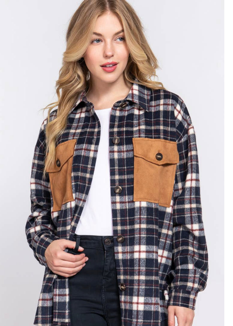 Suede Pocket Brushed Plaid Shacket