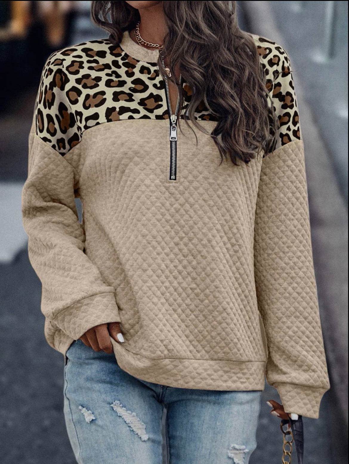 Leopard Splicing Drop Shoulder Zipped Sweatshirt