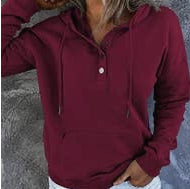 Button Neck Kangaroo Hooded Long Sleeve