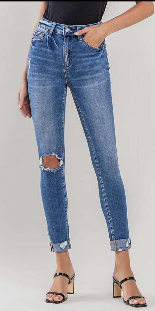 High-Rise Slim Crop with Double Cuff Skinny Jeans by VERVET
