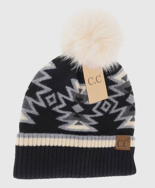 Southwestern Faux Fur Pom C.C Beanie