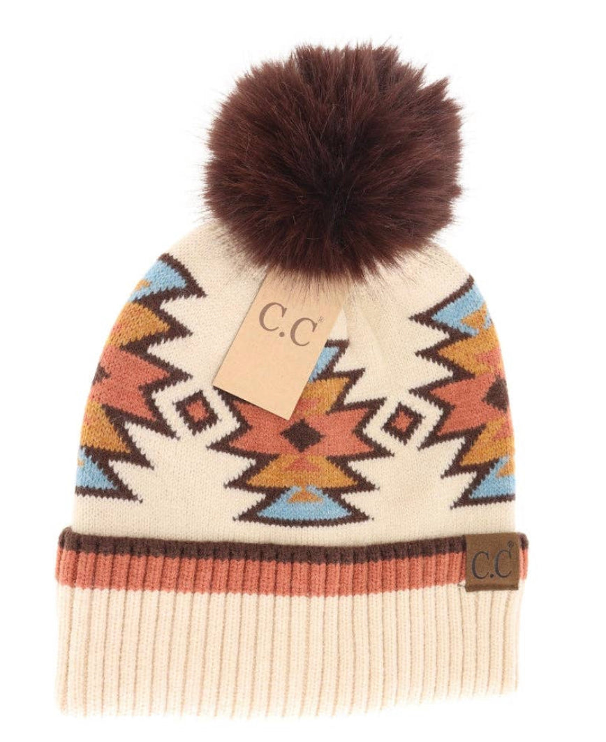 Southwestern Faux Fur Pom C.C Beanie