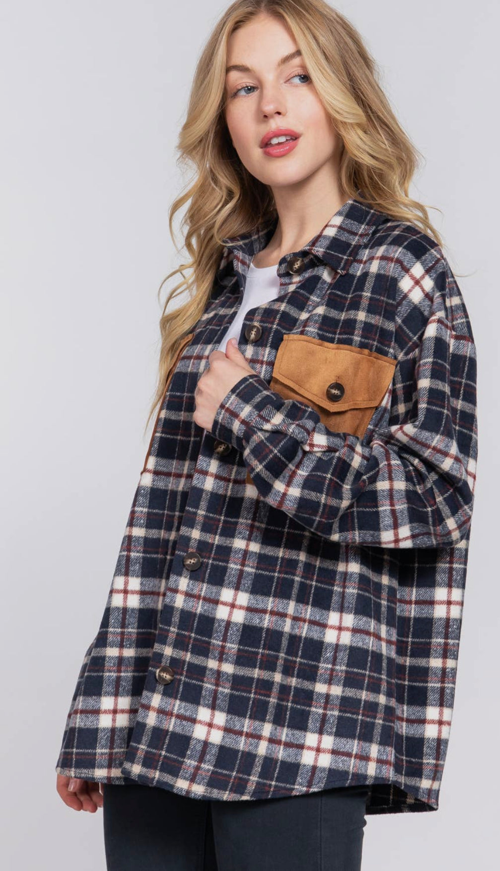 Suede Pocket Brushed Plaid Shacket