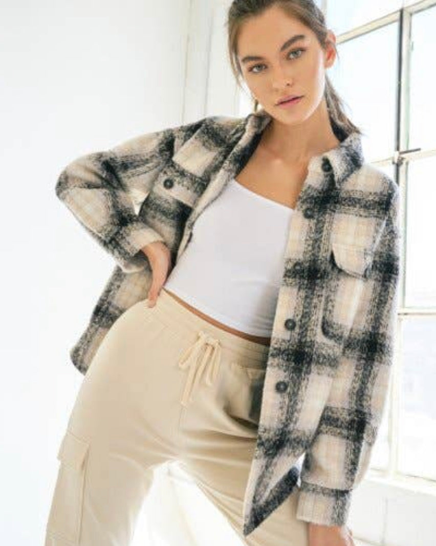 Buttoned Pocket Oversized Plaid Faux Fur Shacket