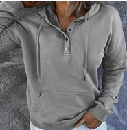 Button Neck Kangaroo Hooded Long Sleeve