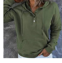 Button Neck Kangaroo Hooded Long Sleeve