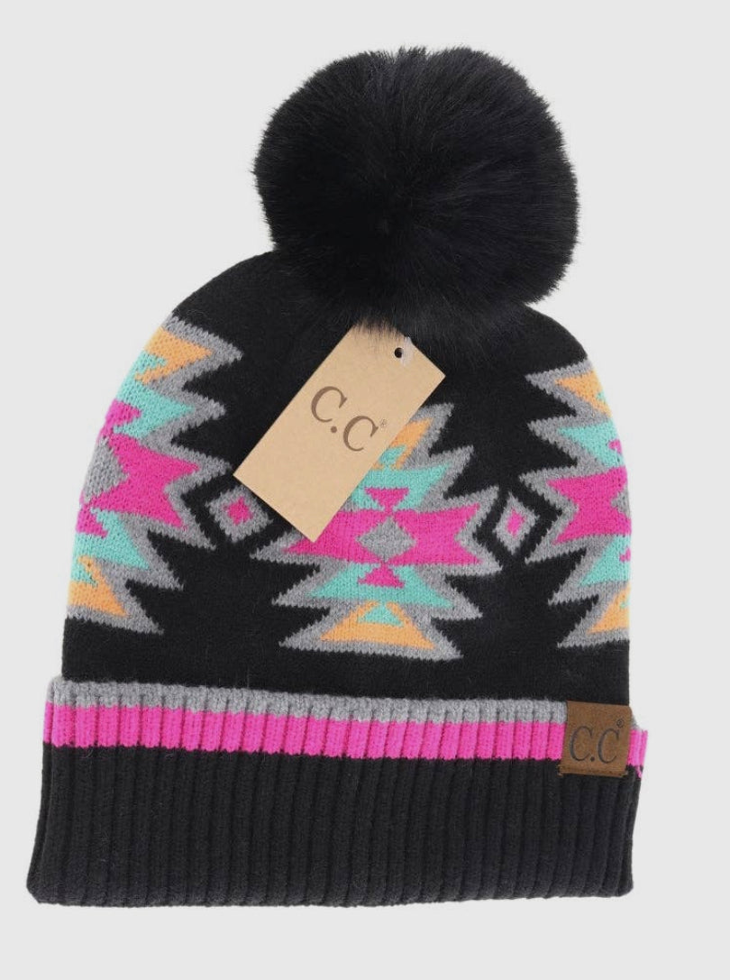 Southwestern Faux Fur Pom C.C Beanie