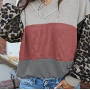 Women Waffle Knitted Color Block V Neck