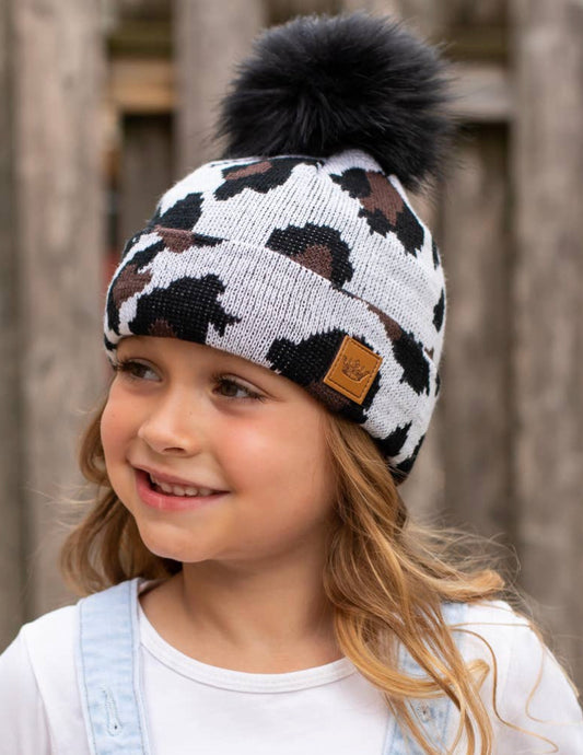 Kids White Leopard Pom Hat