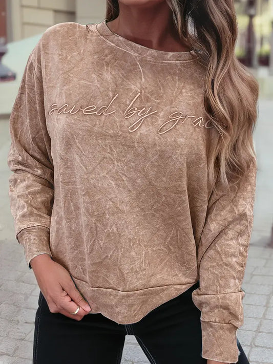 Saved By Grace Letter Embroidery Mineral Wash Sweatshirt
