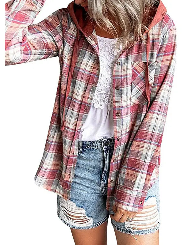 Stylish Casual Hooded Color-Block Plaid Shirt Jacket