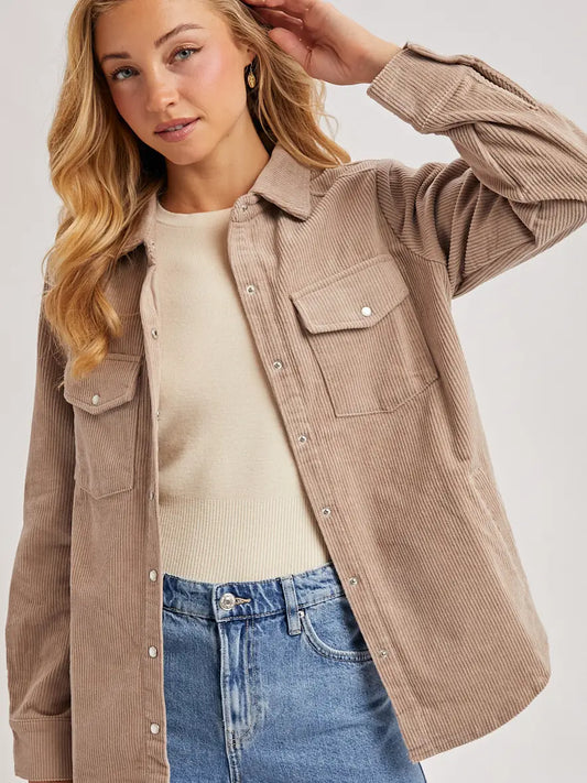 Corduroy Button Down Shacket with Pockets