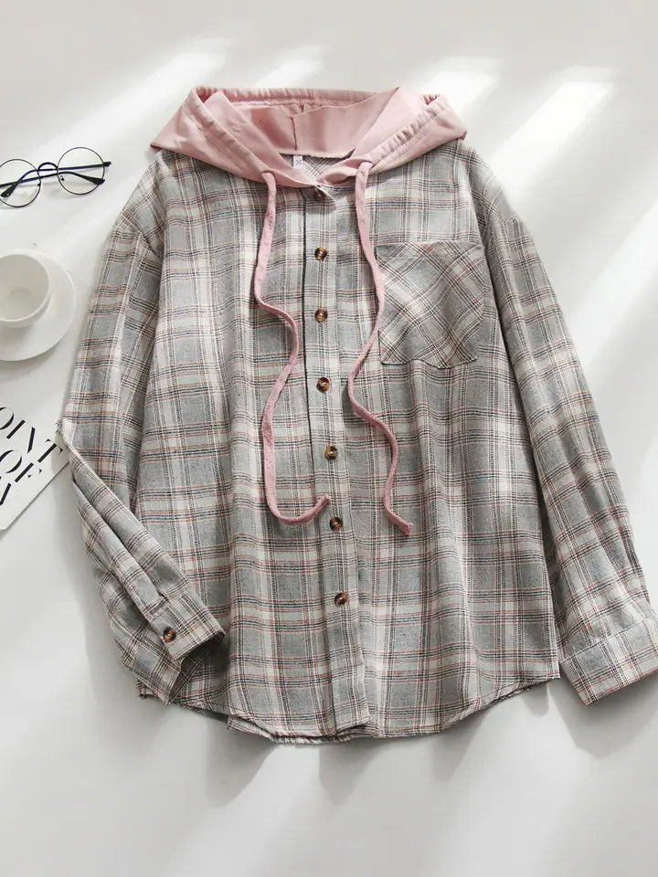 Stylish Casual Hooded Color-Block Plaid Shirt Jacket