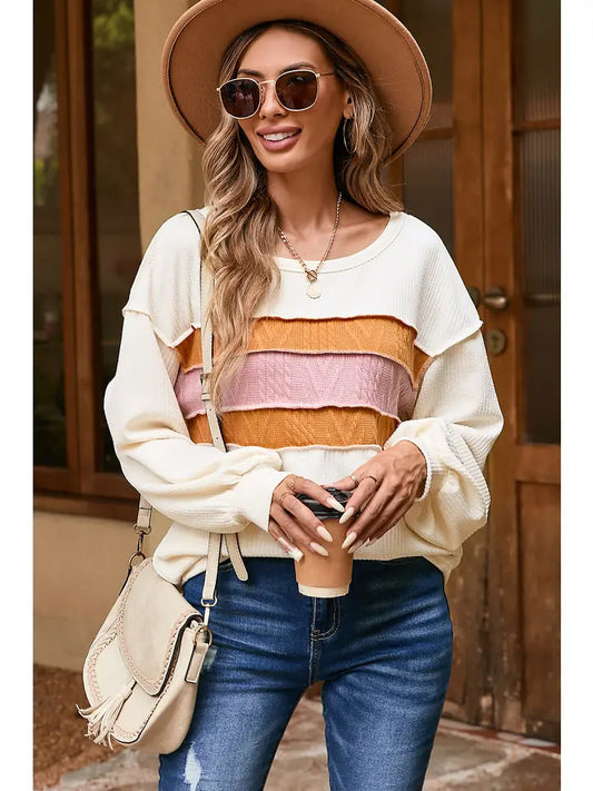 Corded Exposed Seam Knit Patchwork Drop Sleeve Blouse