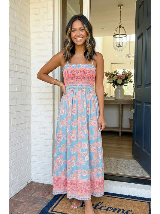 Las Ethnic Floral Spaghetti Strap Dress