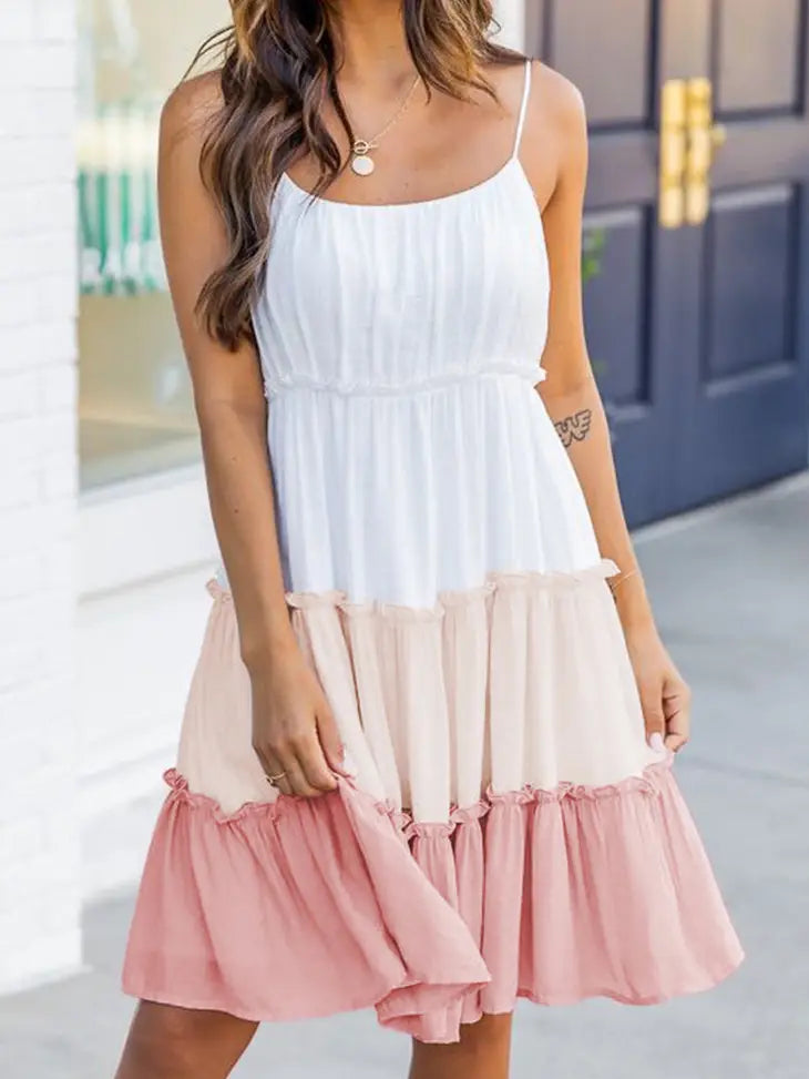 Multicolor Frill Tiered Colorblock A-Line Sundress